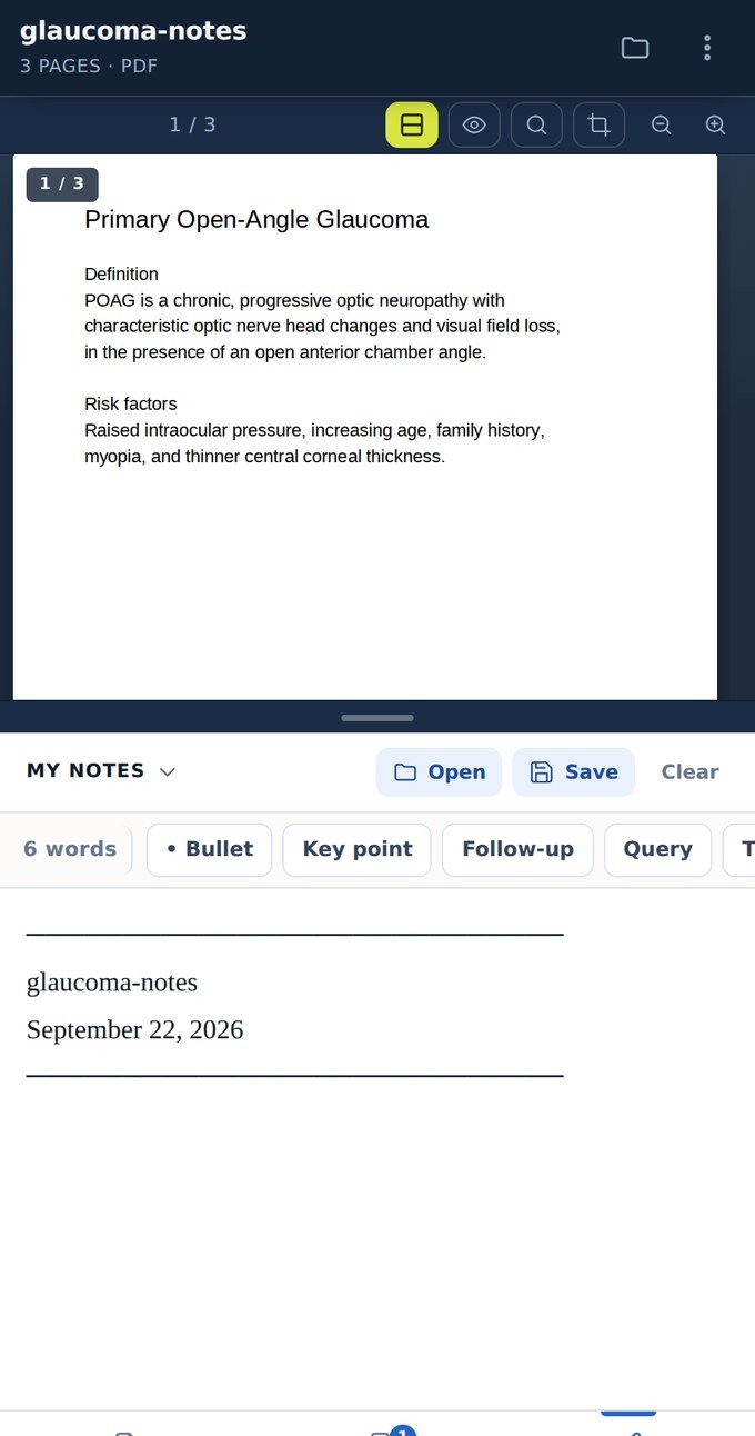 Split view: the page on top, the notes editor with formatting below